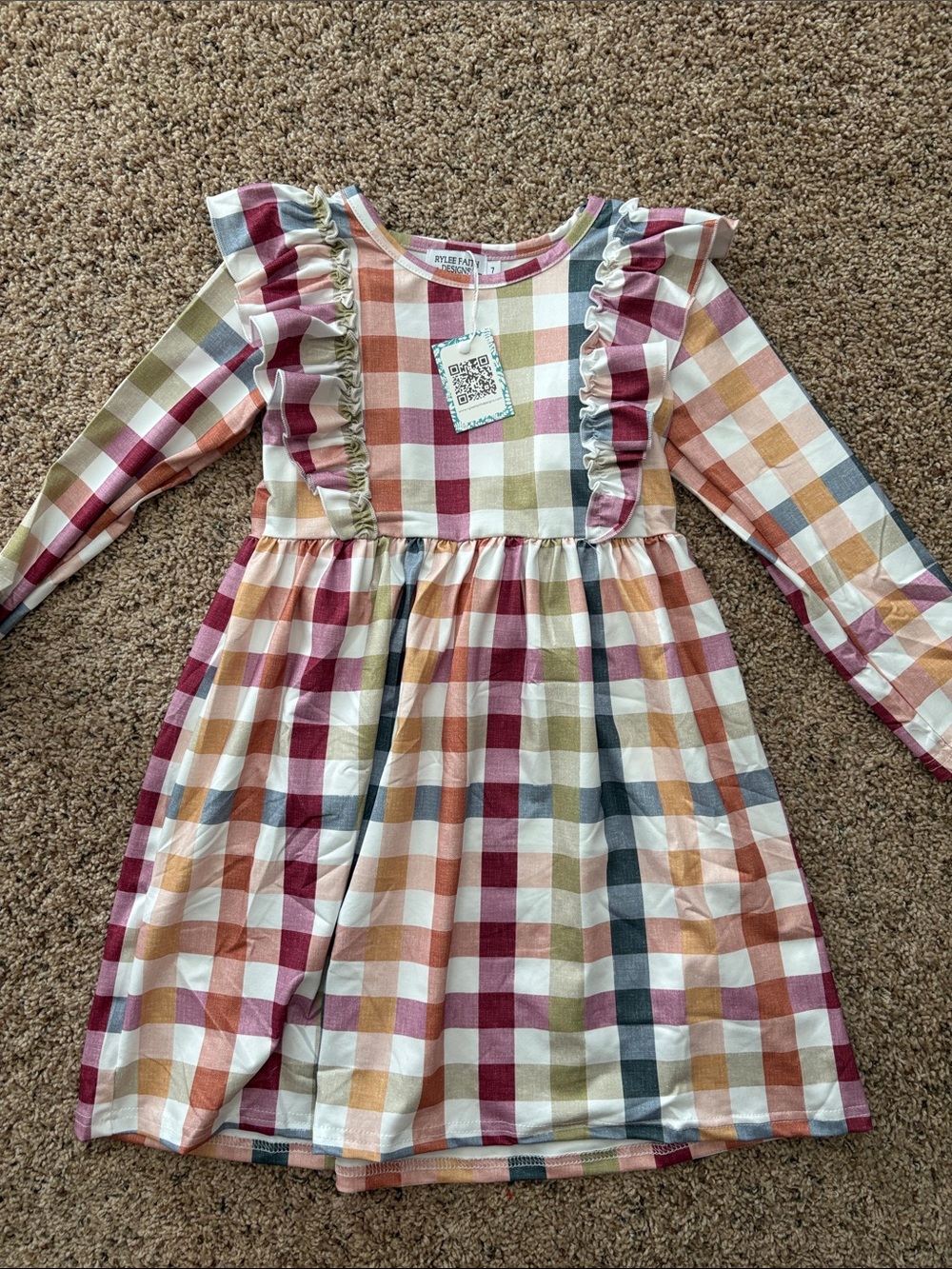 Girls Multicolor Plaid Ruffle-Trim Long Sleeve Dress